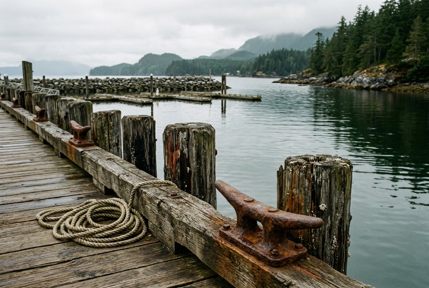 Wooden dock pilings and mooring cleats at a Pacific sportfishing harbour in flat morning light