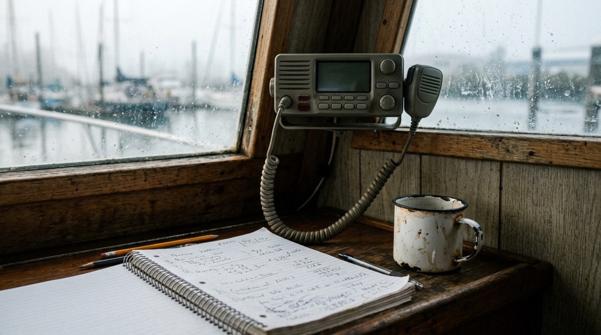 Marine VHF radio and a spiral notebook of handwritten fishing notes in a boat wheelhouse