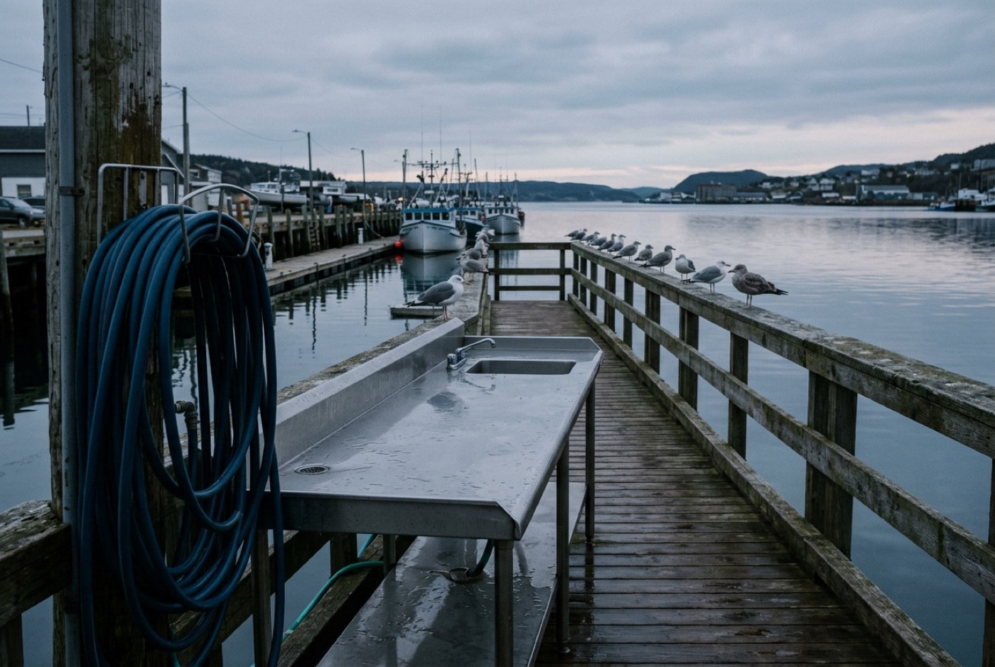 Empty sportfishing dock and cleaning tables at a Pacific landing in early morning light
