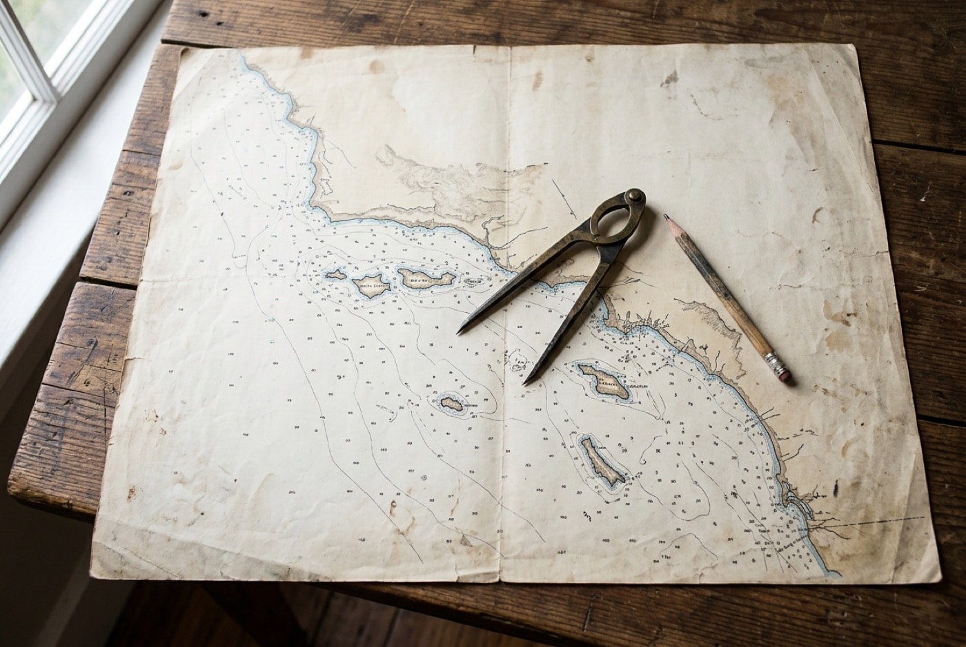 Weathered paper nautical chart of the Southern California Bight with dividers and a pencil