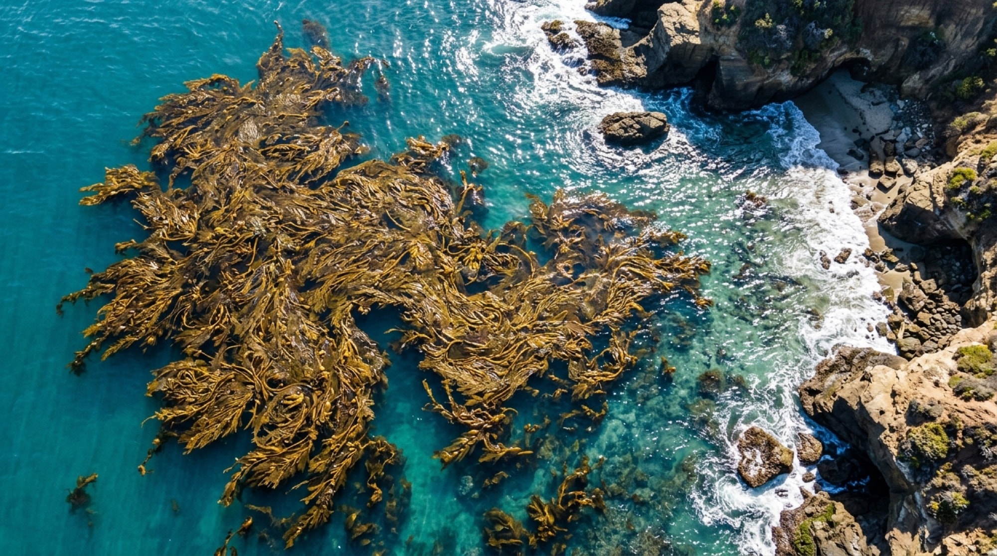 Thick giant kelp canopy on the surface along a rocky Southern California shoreline
