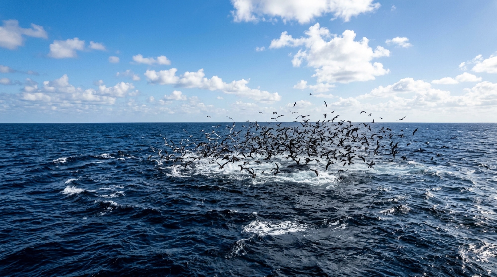 Open blue water far offshore with a school of birds working over bait beneath a hard tropical sky