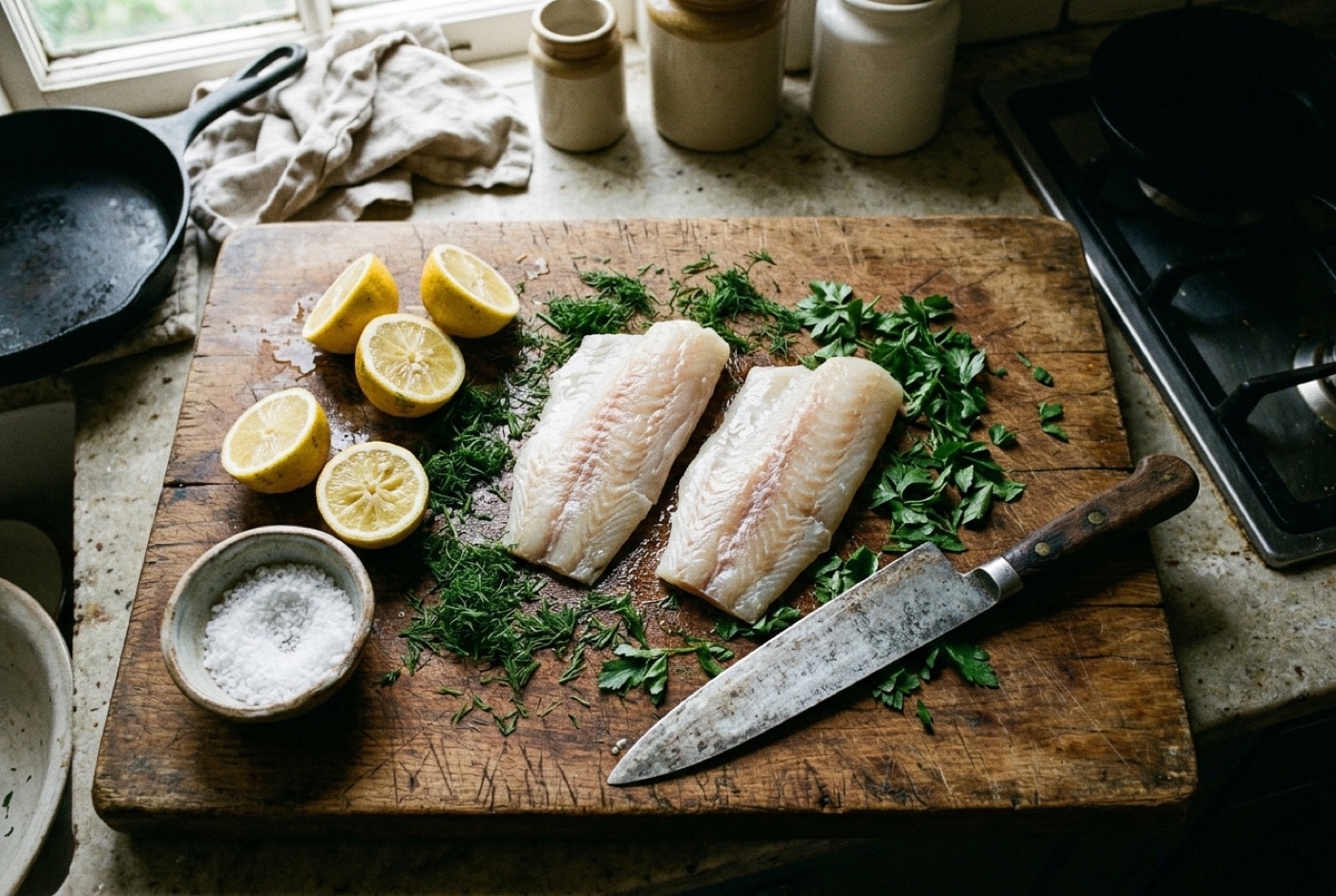 Fresh fish fillets on a wooden board with lemon halves, herbs and a chef knife