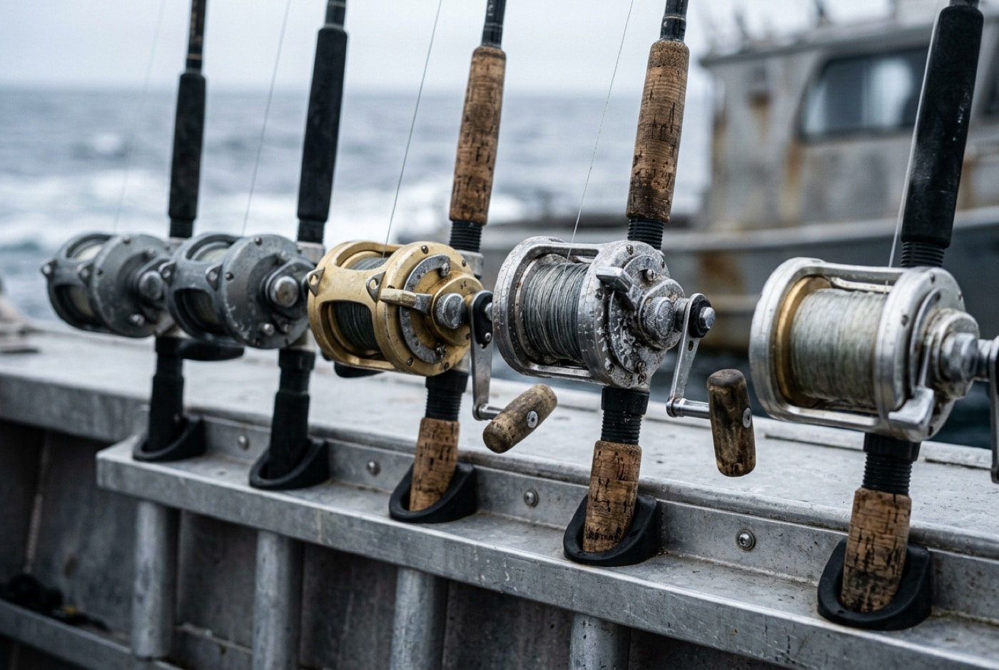 Row of heavy conventional saltwater reels and rods racked in a boat rail holder